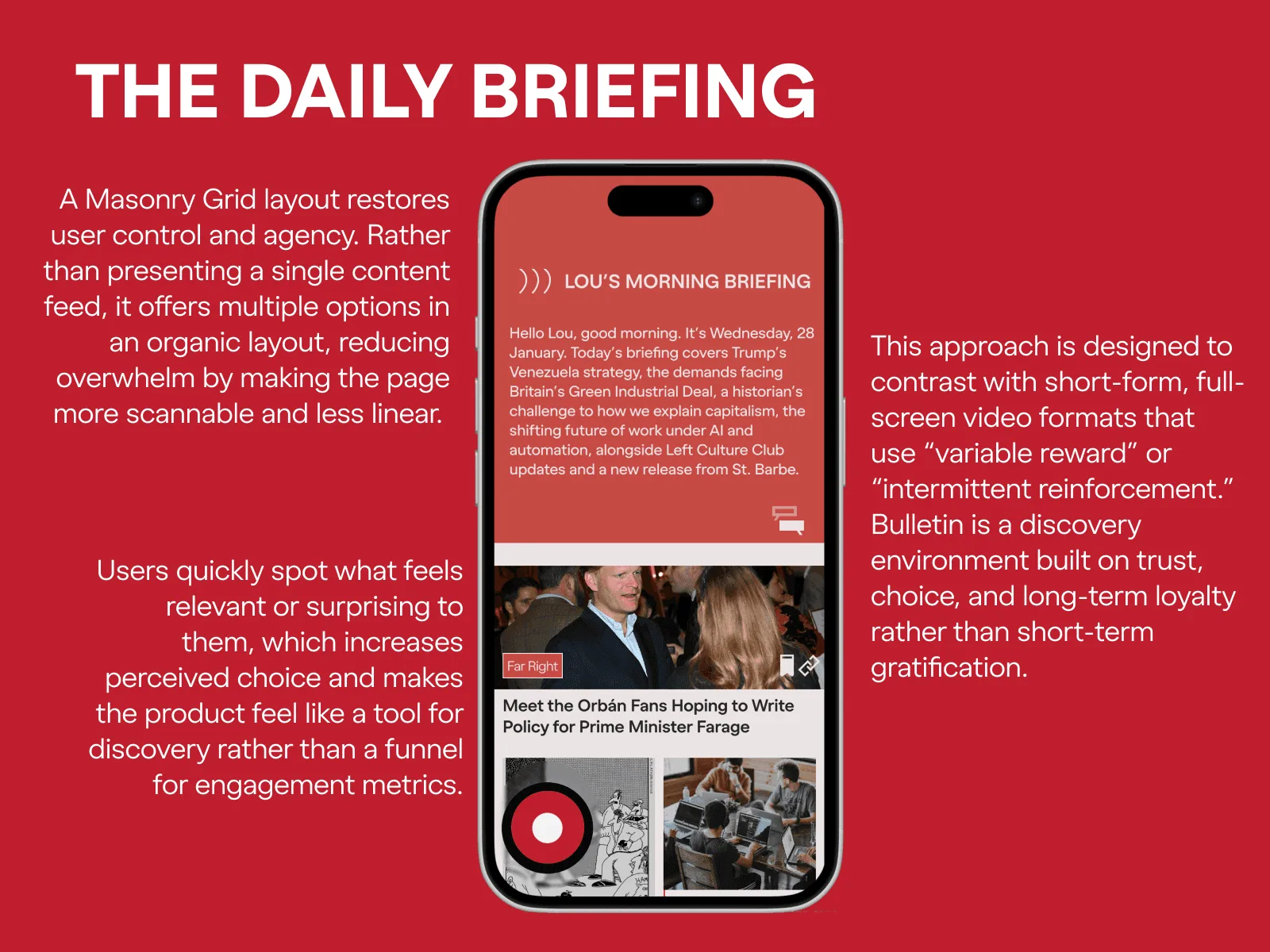 BTN daily briefing screens with notes on Masonry layout and user control