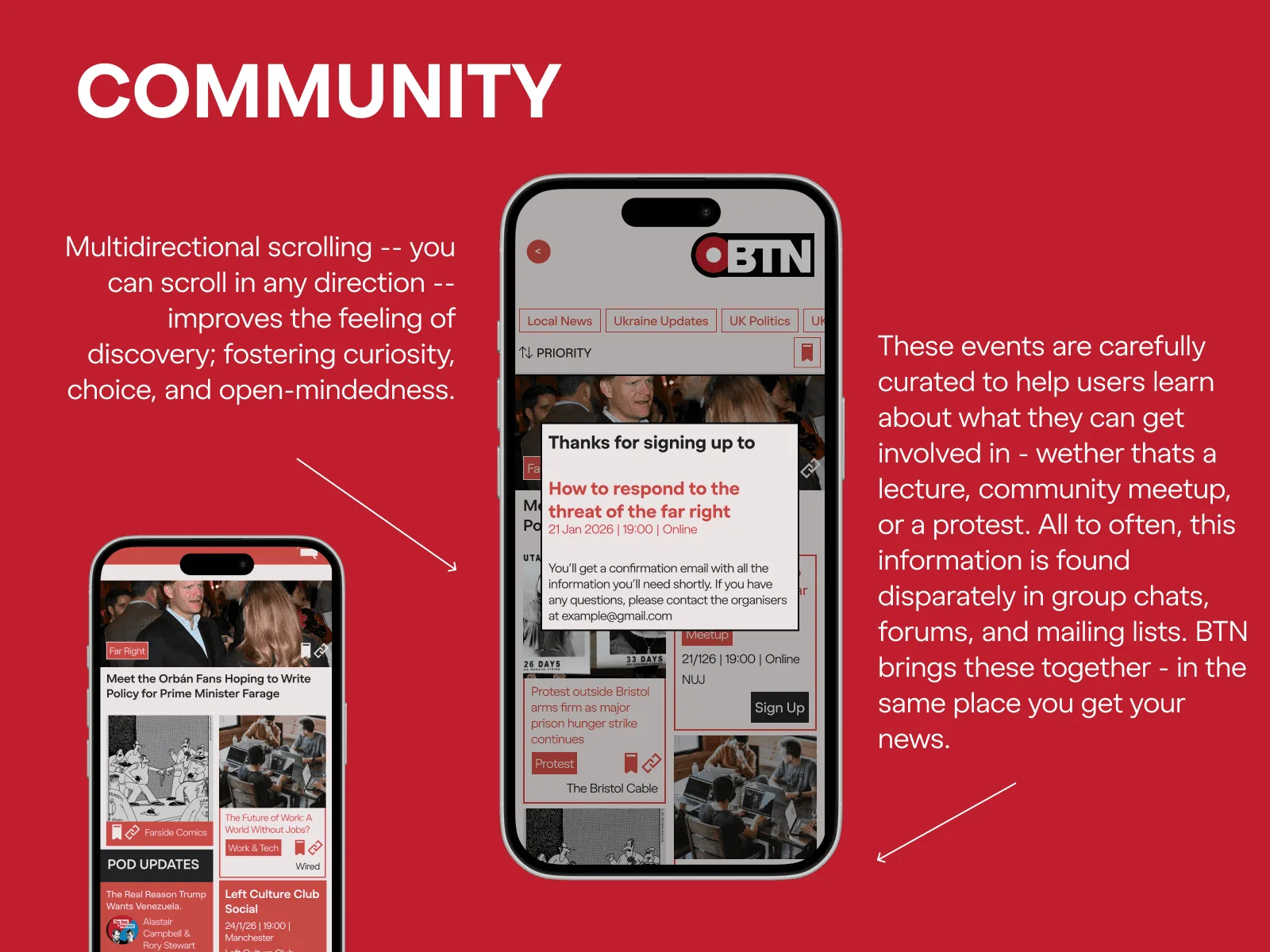 BTN community events screens with explanatory notes