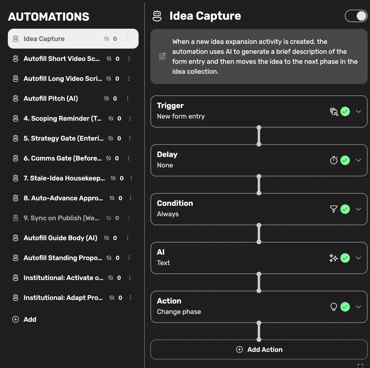 The automations panel in the workspace, listing automated drafting and quality checks