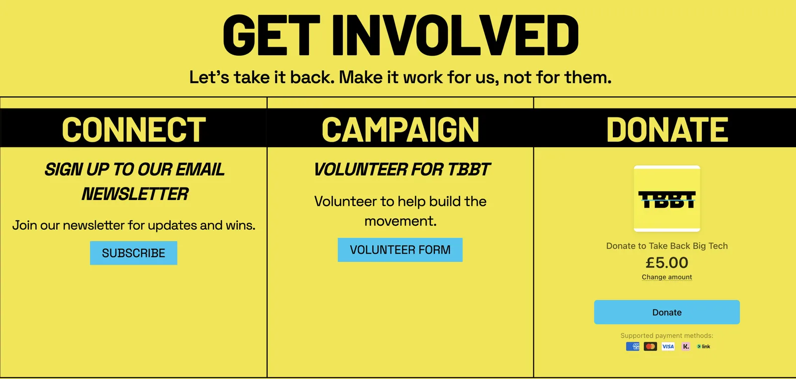 The 'Get involved' section with Connect, Campaign and Donate columns